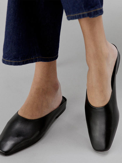 Backless Square-Toe Slip-On Chic Flats - Black