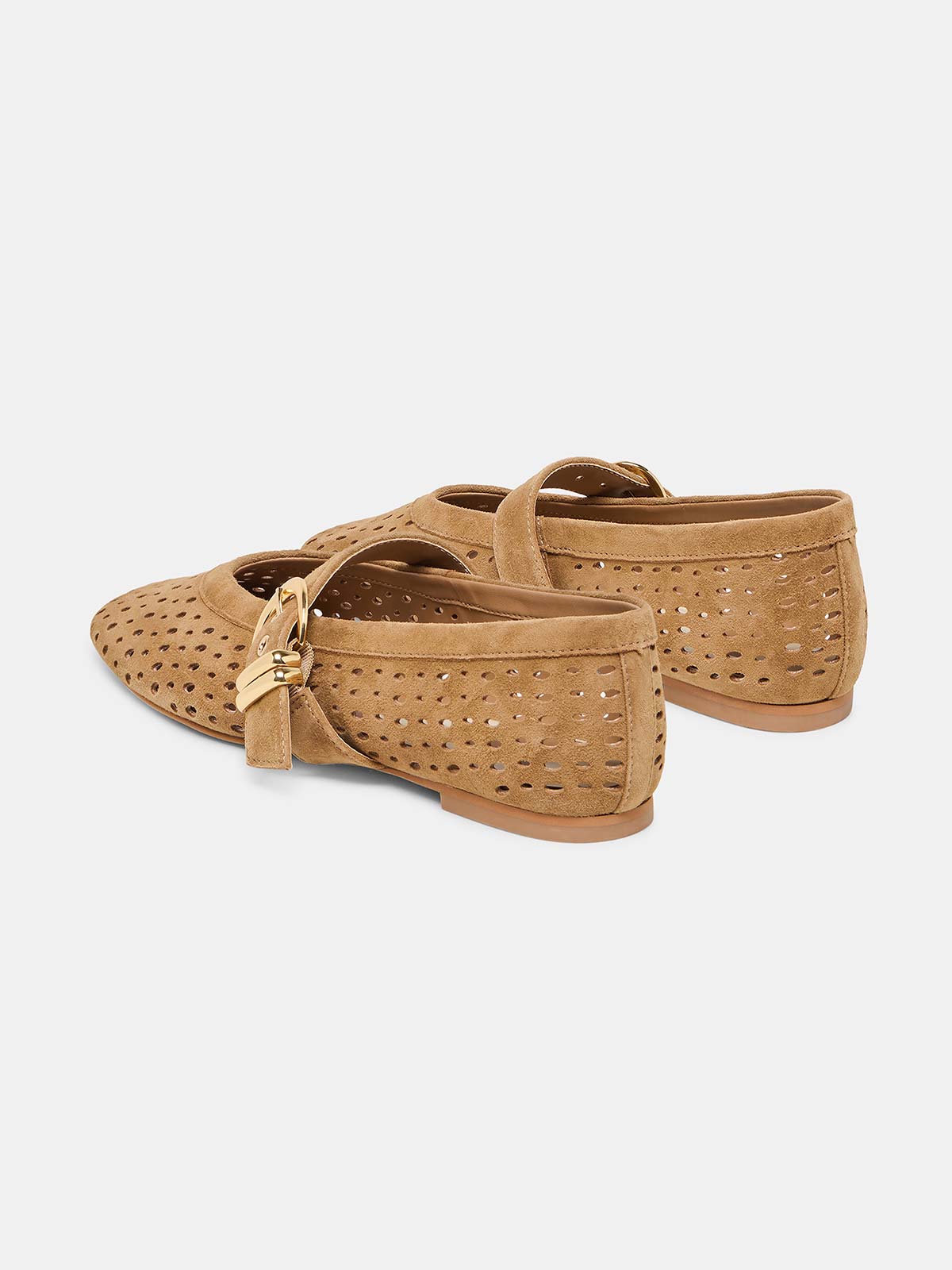 Brown Faux Suede Square-Toe Buckle Mary Jane Strap Ballet Flats