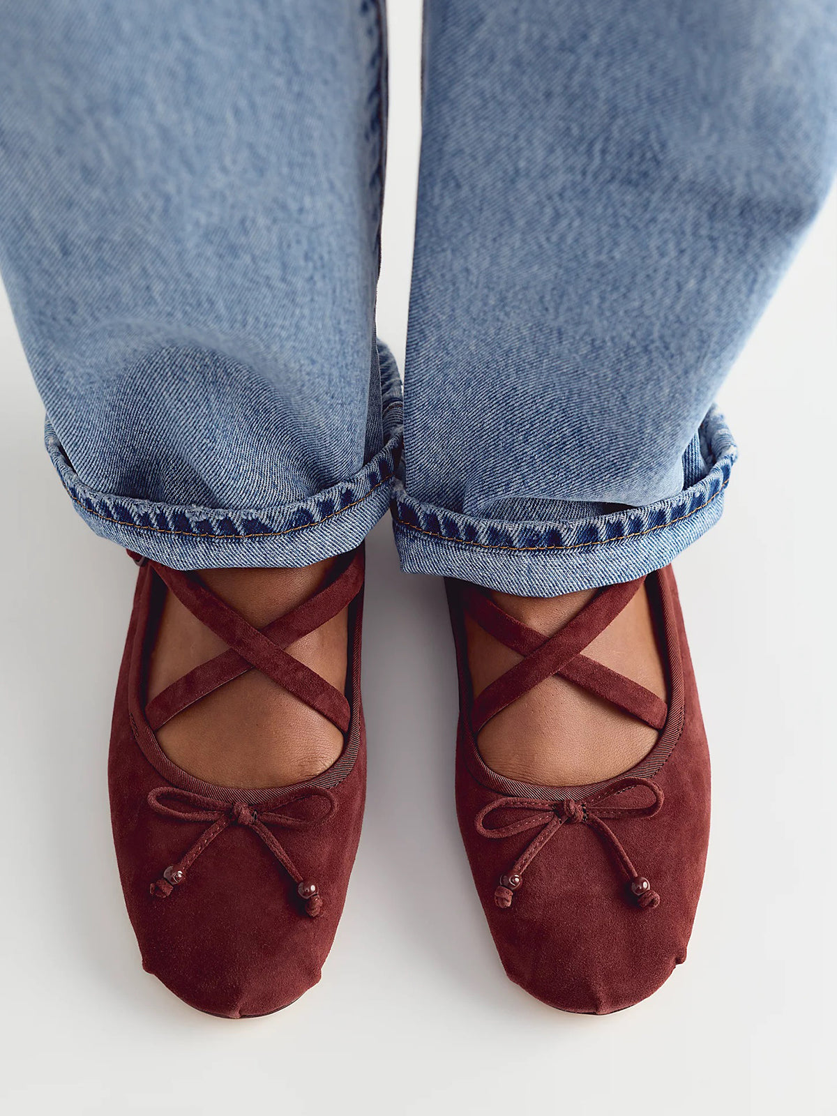 Dark Brown Faux Suede Round-Toe Front Bow Crossed Straps Ballet Flats