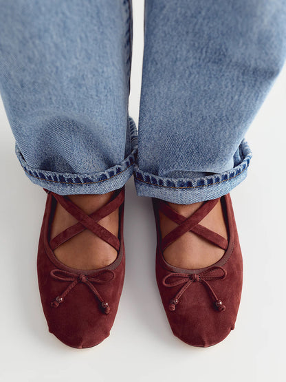 Dark Brown Faux Suede Round-Toe Front Bow Crossed Straps Ballet Flats