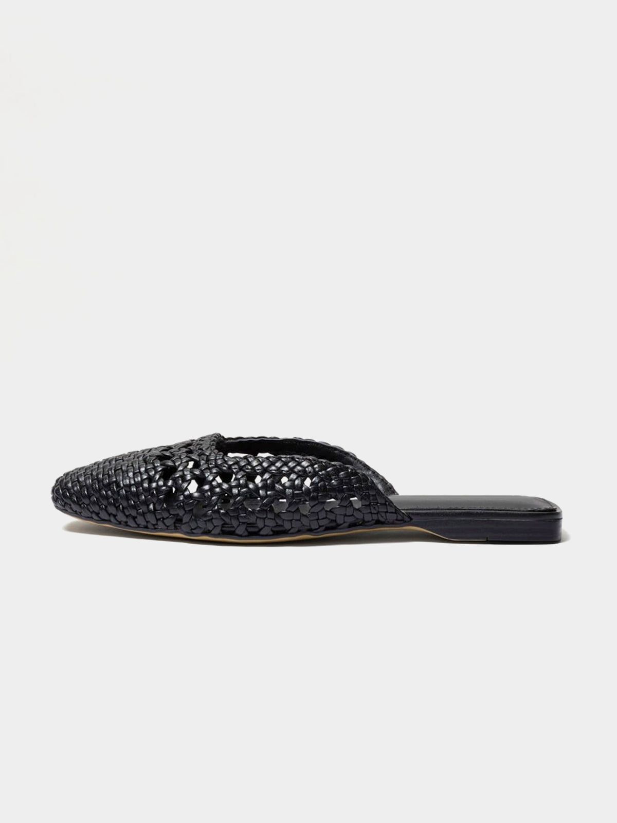 Woven Vegan Leather Square-Toe Cutout Backless Flats - Black