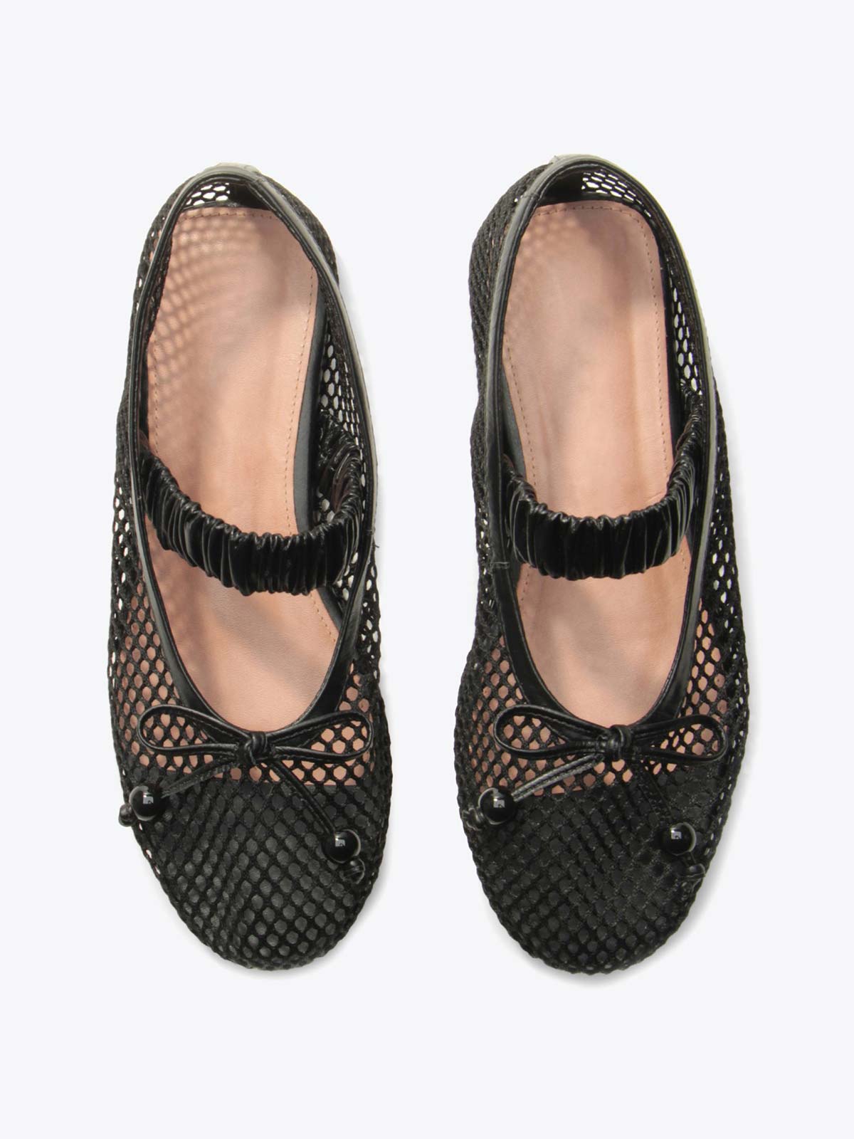 Black Mesh Round-Toe Front Bow And Elastic Mary Jane Ballet Flats