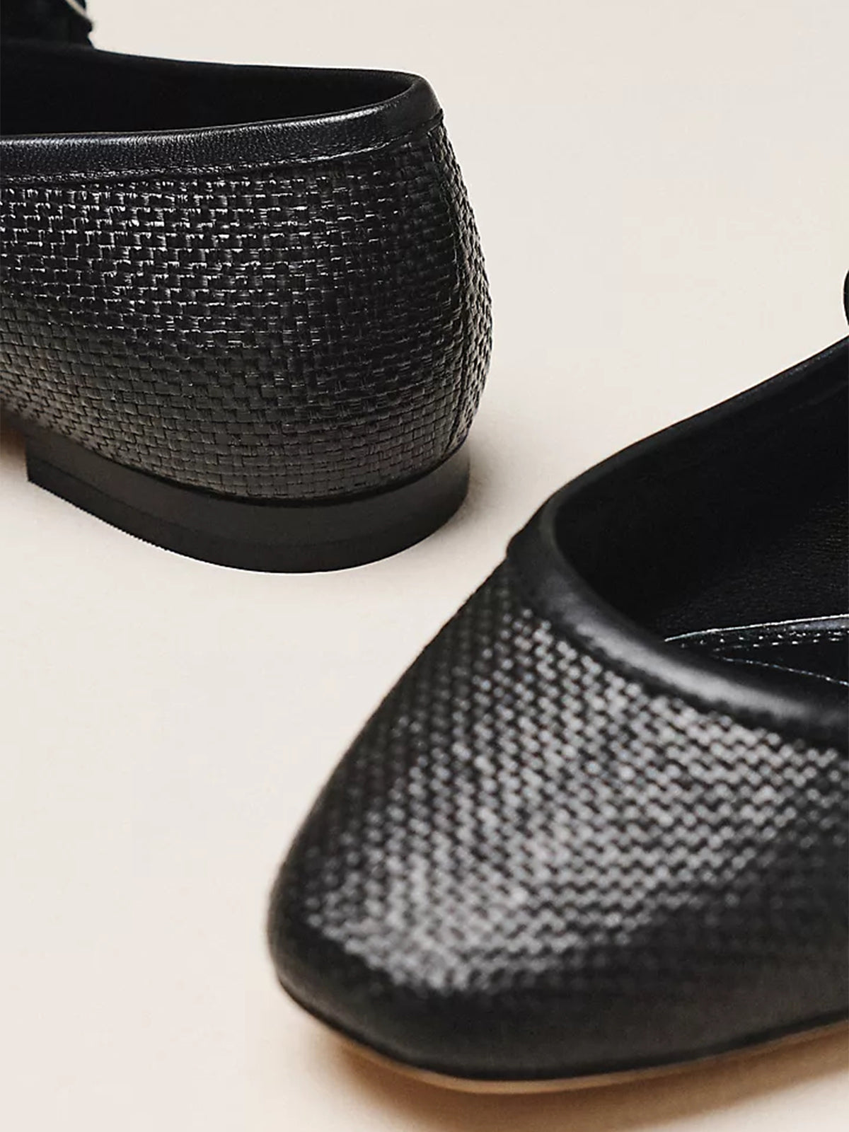 Black Grass Woven Square-Toe Double Mary Jane With Eyelets Ballet Flats