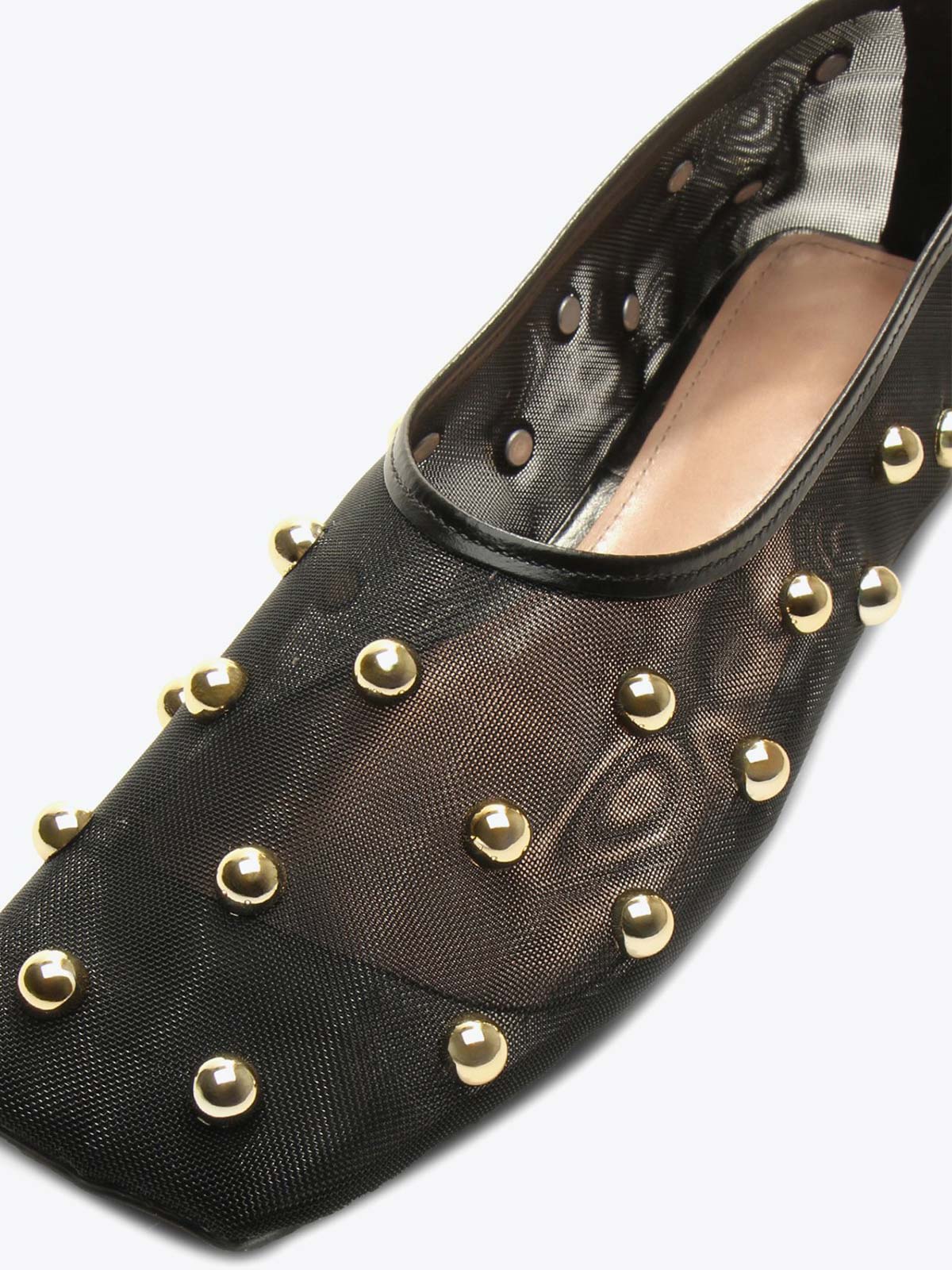 Black Mesh Square-Toe Full Gold Studs Slip-On Ballet Flats
