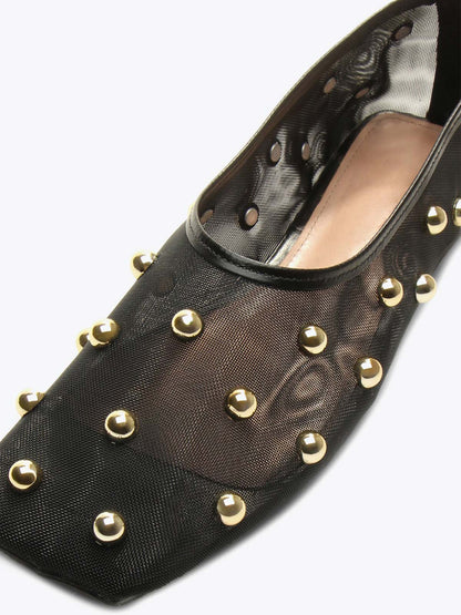 Black Mesh Square-Toe Full Gold Studs Slip-On Ballet Flats