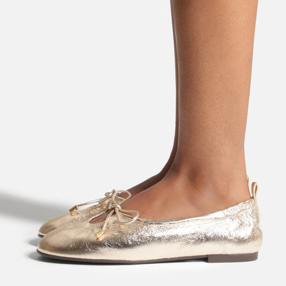 Metallic Gold Round-Toe Front Strap Fashion Slip-On Ballet Flats