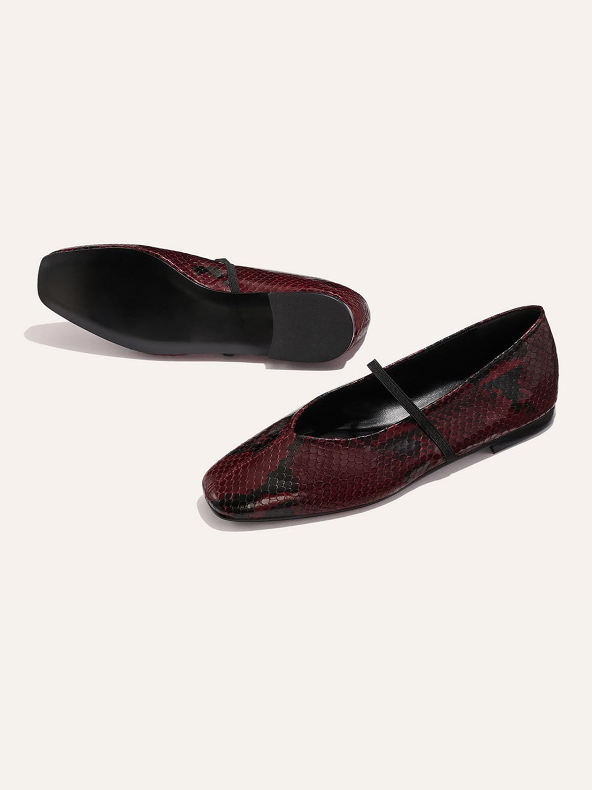 Mary Jane Square-Toe Slip-On Chic Ballet Flats - Burgundy Snakeskin Pattern