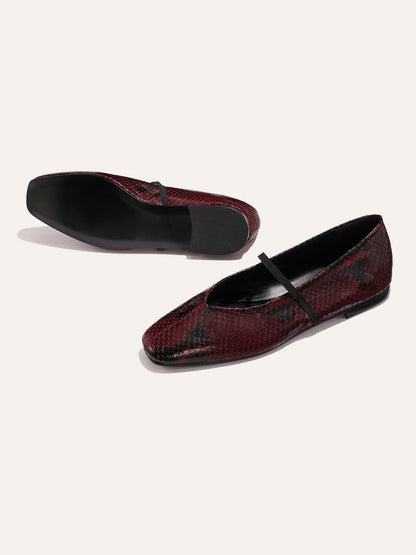 Mary Jane Square-Toe Slip-On Chic Ballet Flats - Burgundy Snakeskin Pattern