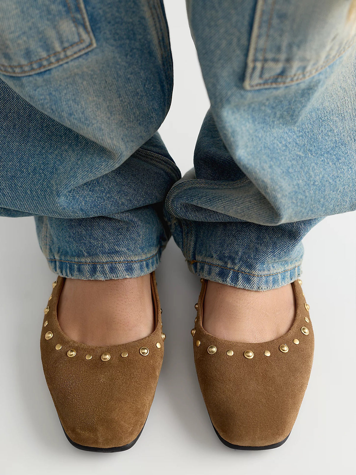 Camel Faux Suede Square-Toe Studs And Buckle Mary Jane Chic Flats