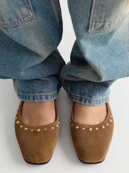 Camel Faux Suede Square-Toe Studs And Buckle Mary Jane Chic Flats