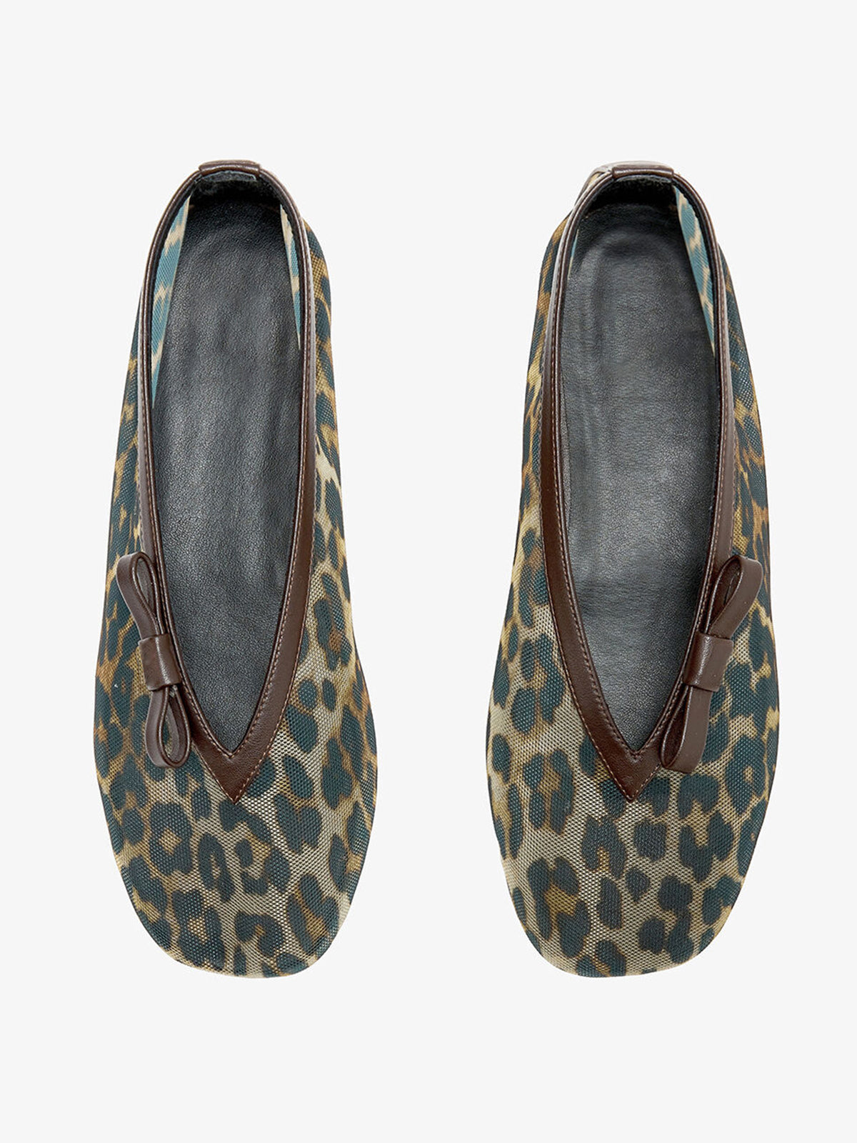 Leopard Mesh Square-Toe Side Knot Slip-On Ballet Flats