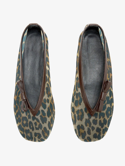 Leopard Mesh Square-Toe Side Knot Slip-On Ballet Flats
