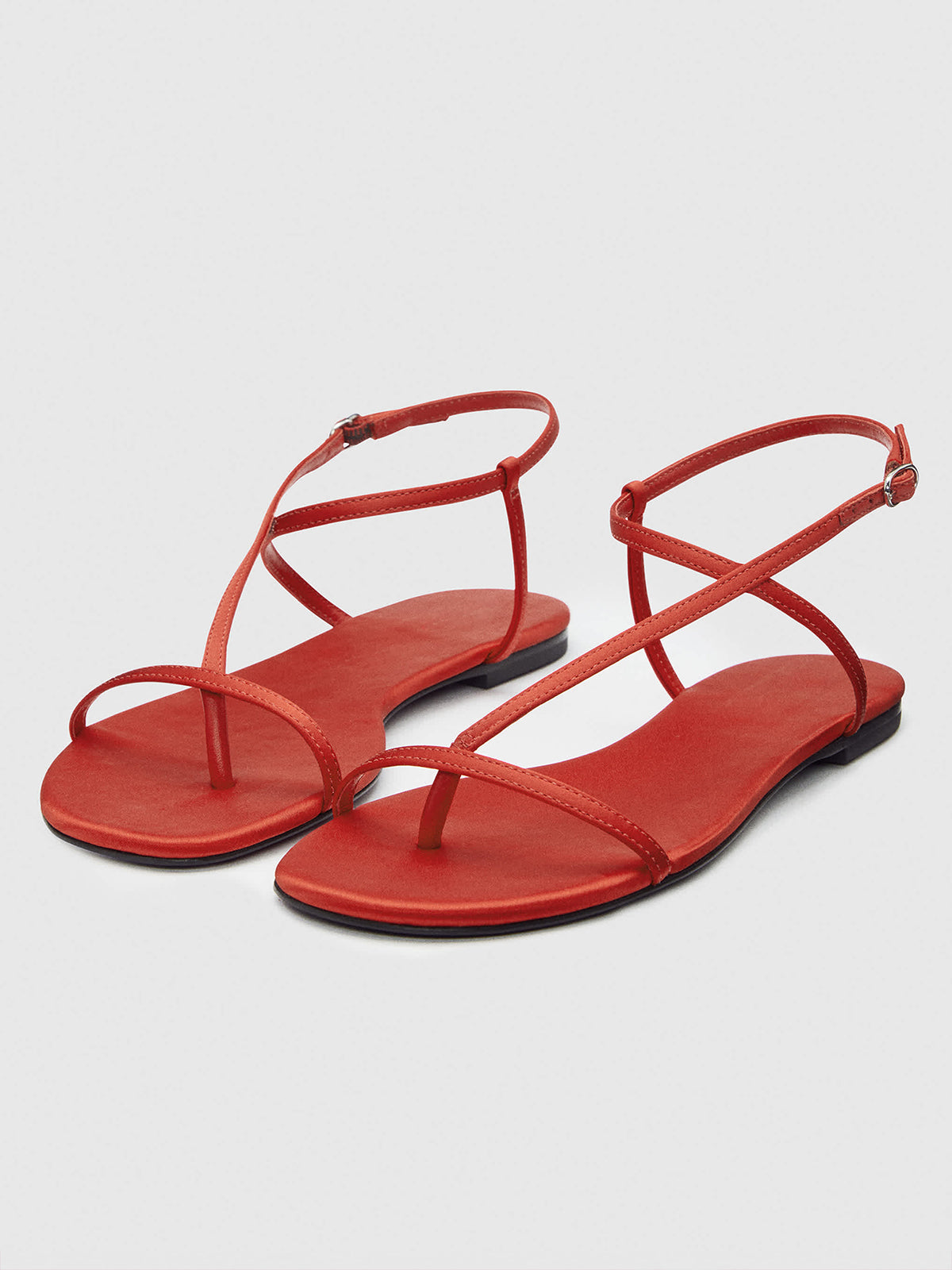 Red Satin Square-Toe Back And Ankle Strap Flats Sandals
