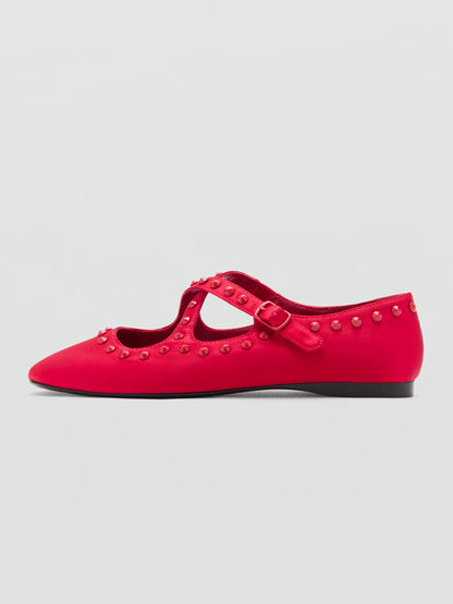 Red Satin Round-Toe Middle Crossed Straps And Studs Flats