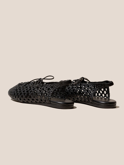 Black Woven Vegan Leather Round-Toe Lace-Up And Slingback Flats Sandals
