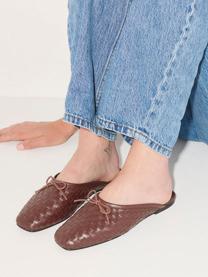 Woven Vegan Leather Square-Toe Front Bow Slip-On Backless Flats - Coffee