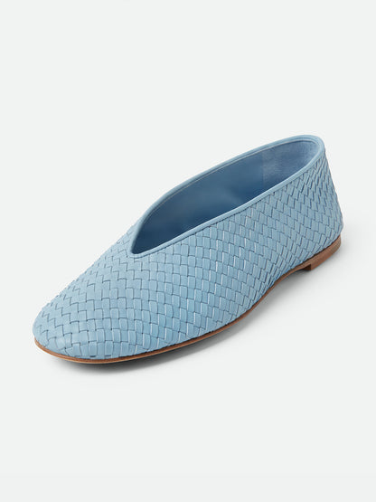 Sky Blue Woven Vegan Leather Round-Toe Slip-On Ballet Flats