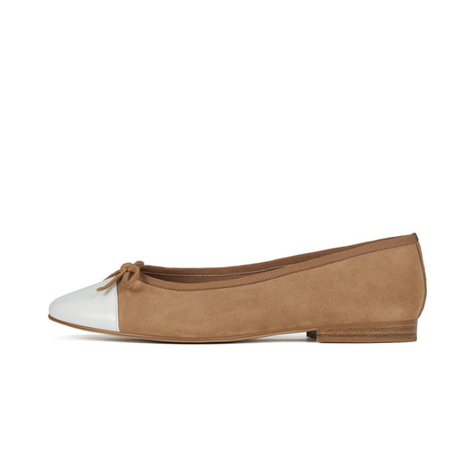 Tan Faux Suede And Patent White Round-Toe Front Bow Ballet Flats