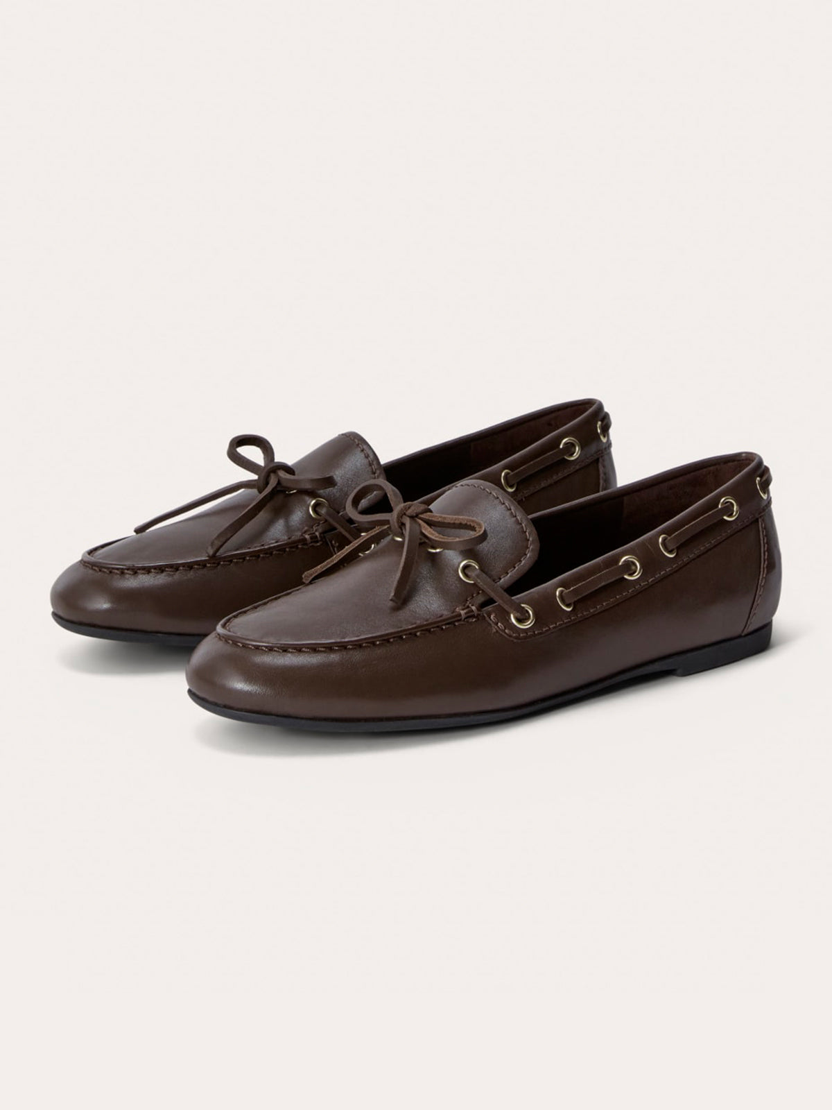 Dark Brown Round-Toe Front Bow And Lace Edge With Eyelets Flats