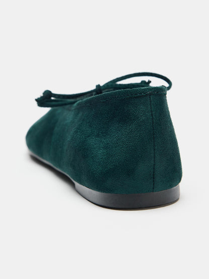 Dark Green Faux Suede Square-Toe Middle Strap Ballet Flats