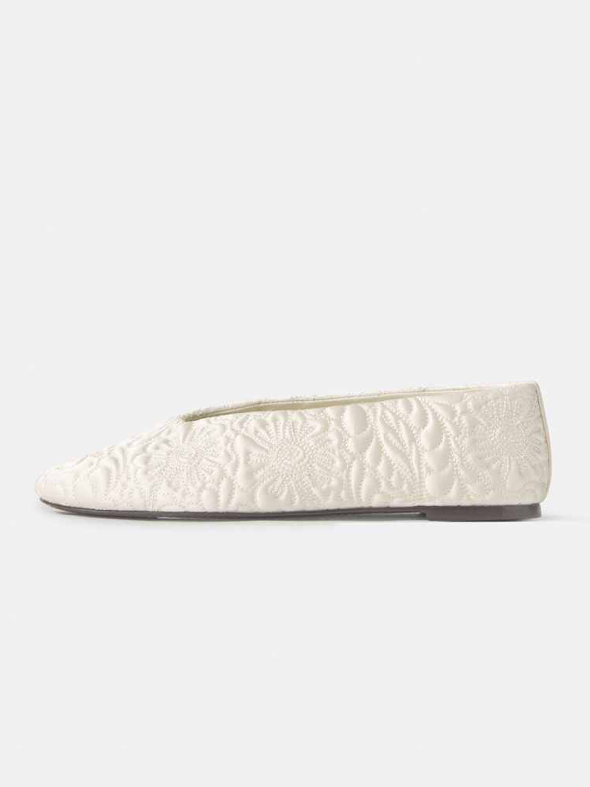 Ivory Satin Round-Toe Flowers Stitch Slip-On Ballet Flats