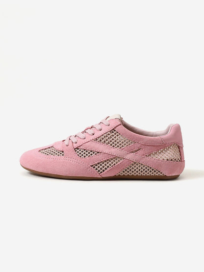 Pink Cow Suede And Mesh Round-Toe Chic Lace-Up Flats Sneakers