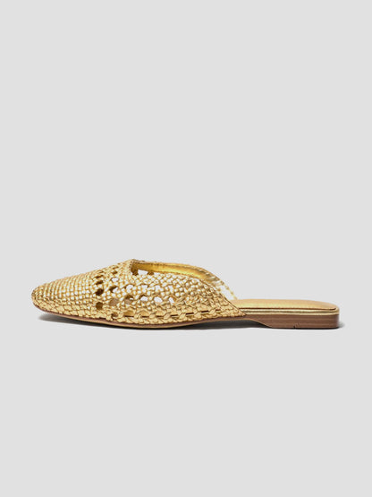 Woven Vegan Leather Square-Toe Cutout Backless Flats - Metallic Gold