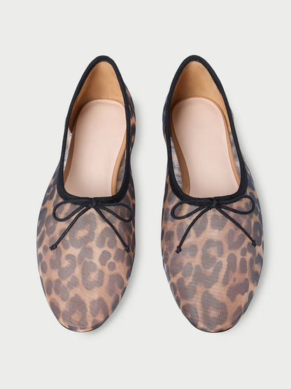Leopard Pattern Mesh Round-Toe Chic Front Bow Slip-On Ballet Flats