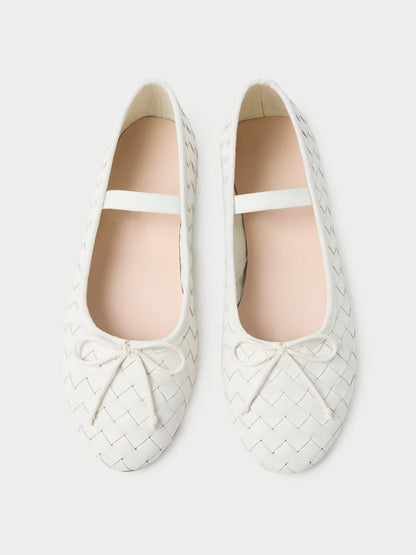 White Woven Vegan Leather Round-Toe Front Bow And Middle Strap Ballet Flats