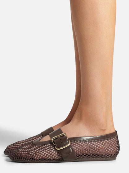 Coffee Mesh Round-Toe Buckle Wide Strap Slip-On Ballet Flats