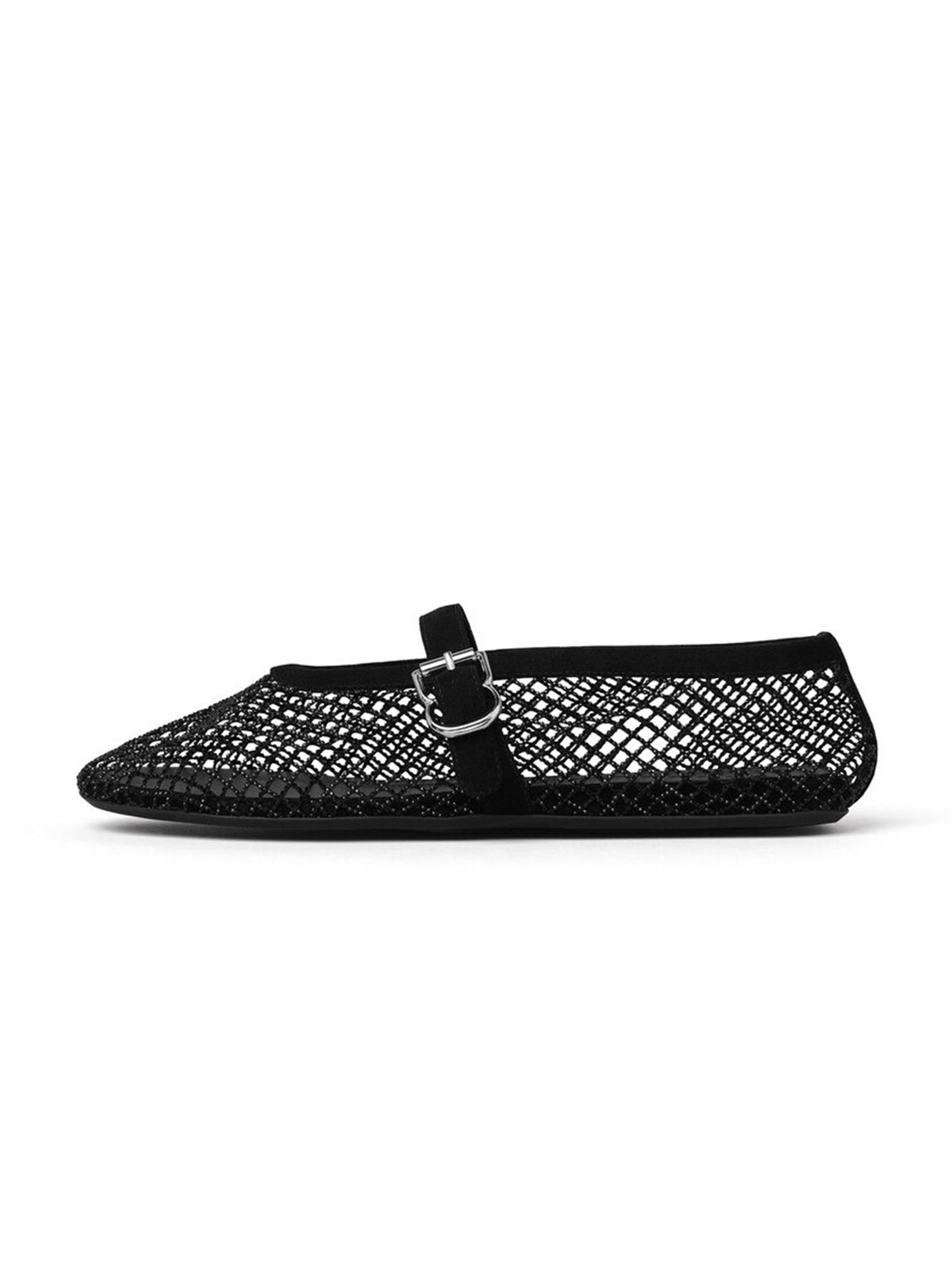 Black Mesh And Faux Suede Round-Toe Buckle Mary Jane Ballet Flats