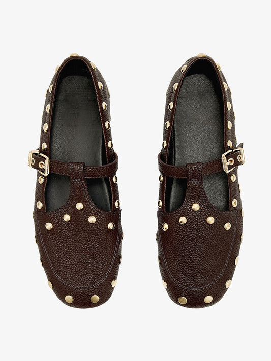 Coffee Round-Toe Studs And Middle Strap Chic Flats