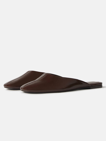 Patent Coffee Square-Toe Backless Slip-On Flat Mules
