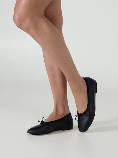 Classic Black Round-Toe Chic Front Bow Slip-On Ballet Simple Flats