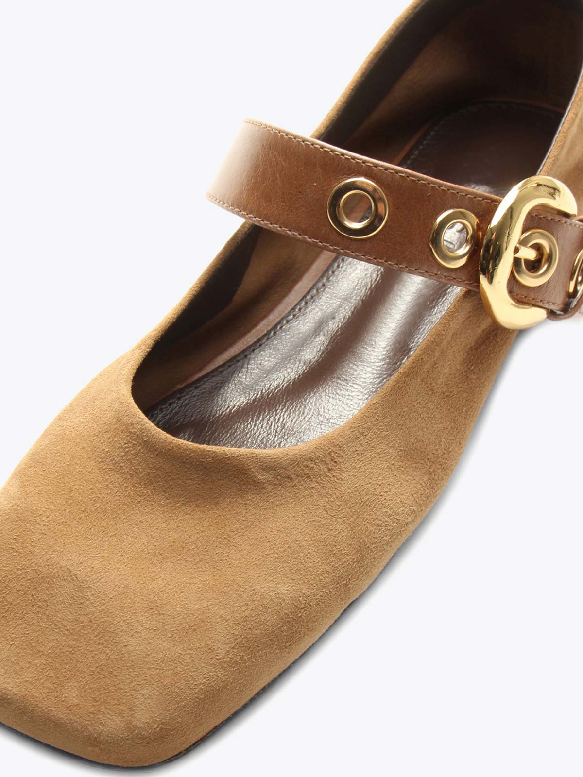 Tan Faux Suede Square-Toe Buckle Wide Mary Jane Strap Ballet Flats
