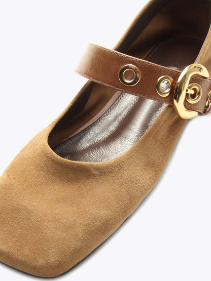 Tan Faux Suede Square-Toe Buckle Wide Mary Jane Strap Ballet Flats