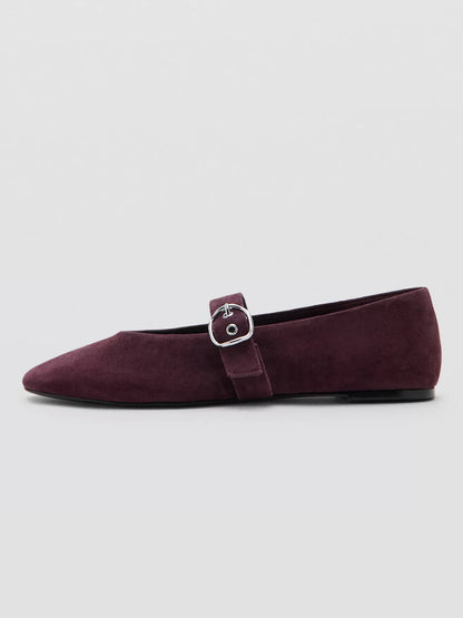 Burgundy Faux Suede Round-Toe Buckle Mary Jane Ballet Flats