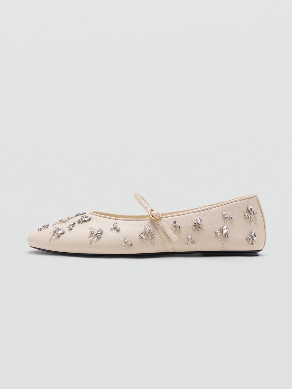 Ecru Round-Toe Crystals Detail Mary Jane Ballet Flats