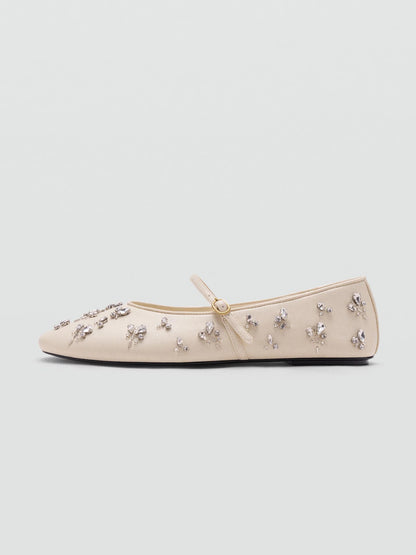Ecru Round-Toe Crystals Detail Mary Jane Ballet Flats