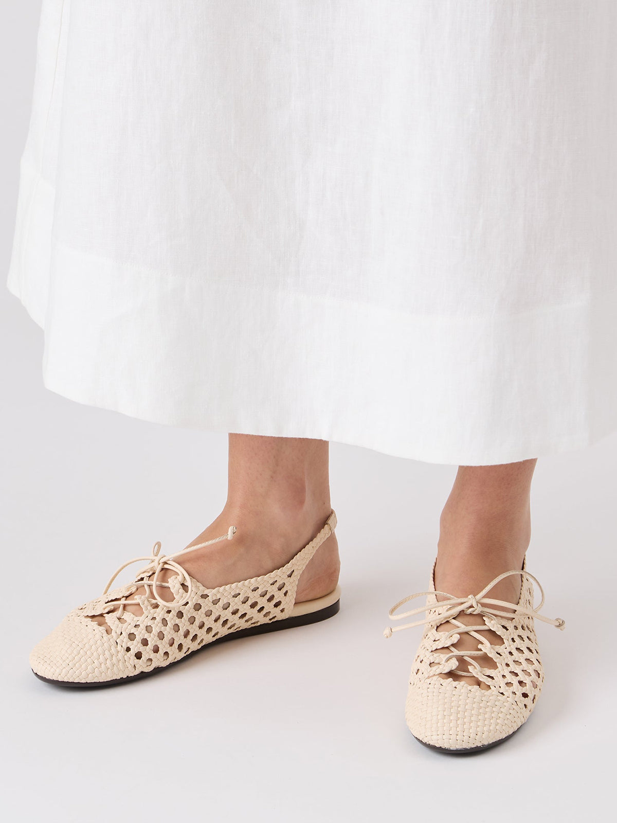 Ivory Woven Vegan Leather Round-Toe Lace-Up And Slingback Flats Sandals