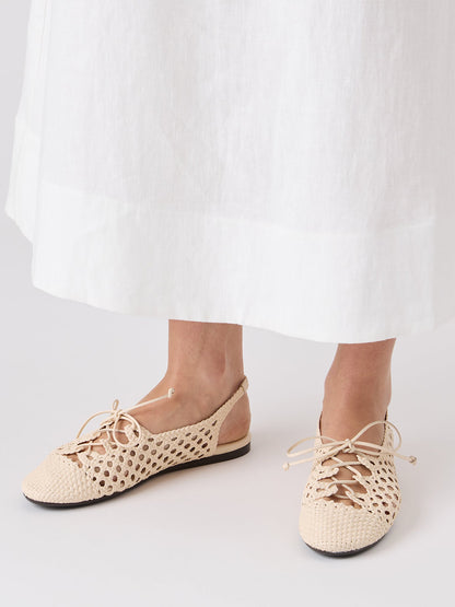 Ivory Woven Vegan Leather Round-Toe Lace-Up And Slingback Flats Sandals