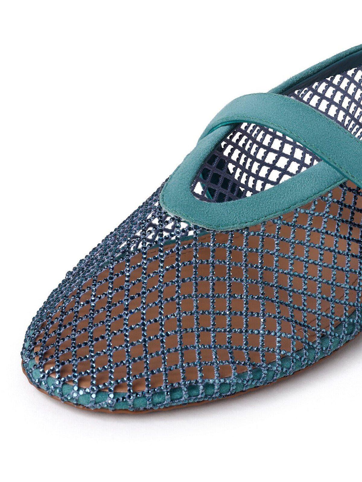 Blue Mesh And Faux Suede Round-Toe Buckle Mary Jane Ballet Flats