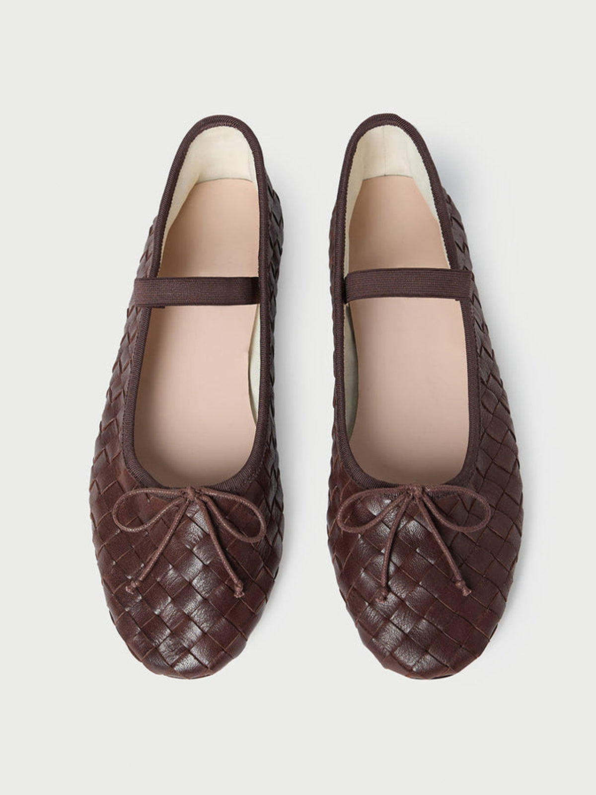 Coffee Woven Vegan Leather Round-Toe Front Bow And Middle Strap Ballet Flats