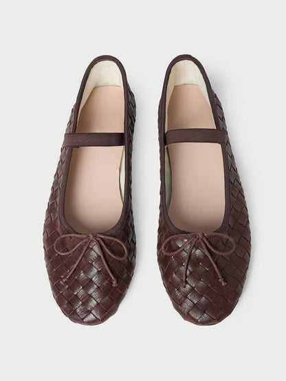 Coffee Woven Vegan Leather Round-Toe Front Bow And Middle Strap Ballet Flats