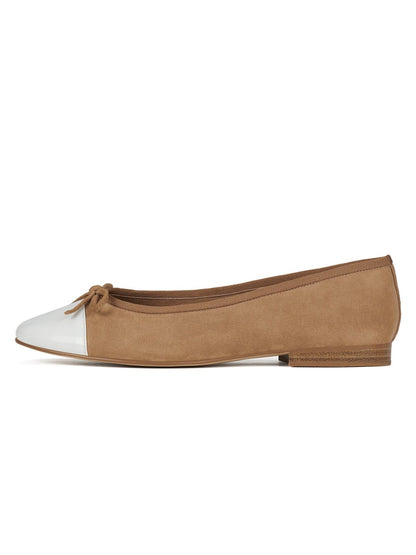 Tan and White Round-Toe Front Bow Slip-On Ballet Flats