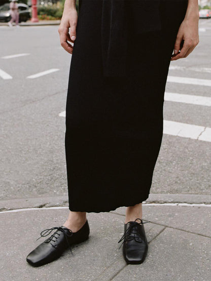 Black Square-Toe Chic Lace-Up Slip-On Sporty Flats