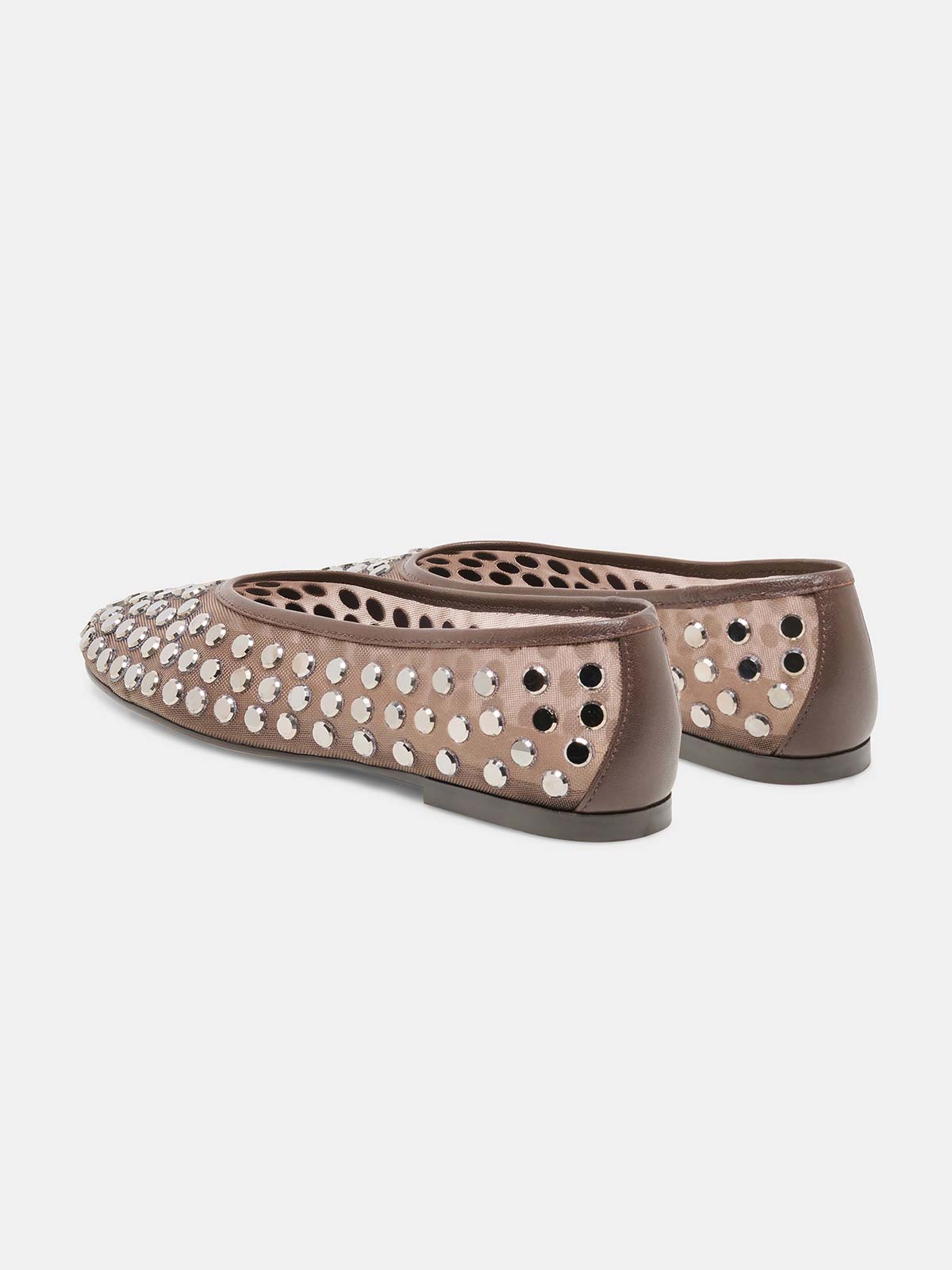 Brown Mesh Round-Toe Full Studs Slip-On Ballet Flats