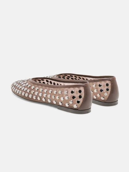 Brown Mesh Round-Toe Full Studs Slip-On Ballet Flats