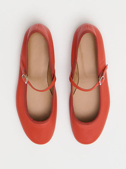 Red Round-Toe Mary Jane With Buckle Chic Ballet Flats
