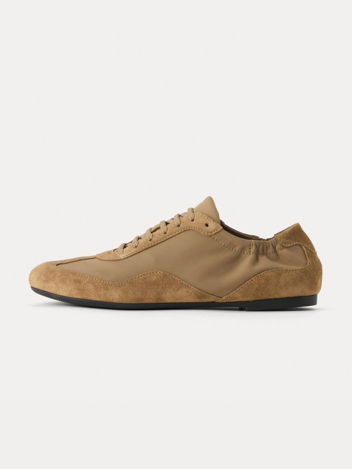 Tan Faux Suede And Cloth Round-Toe Lace-Up Ballet Sneakers